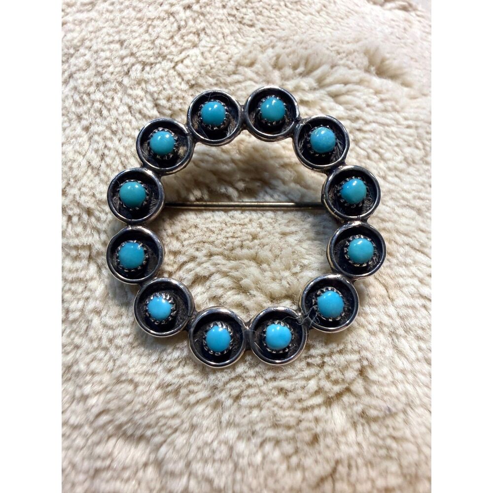 Vintage Zuni Style Sterling Silver Turquoise Circle Brooch Pin Pettipoint